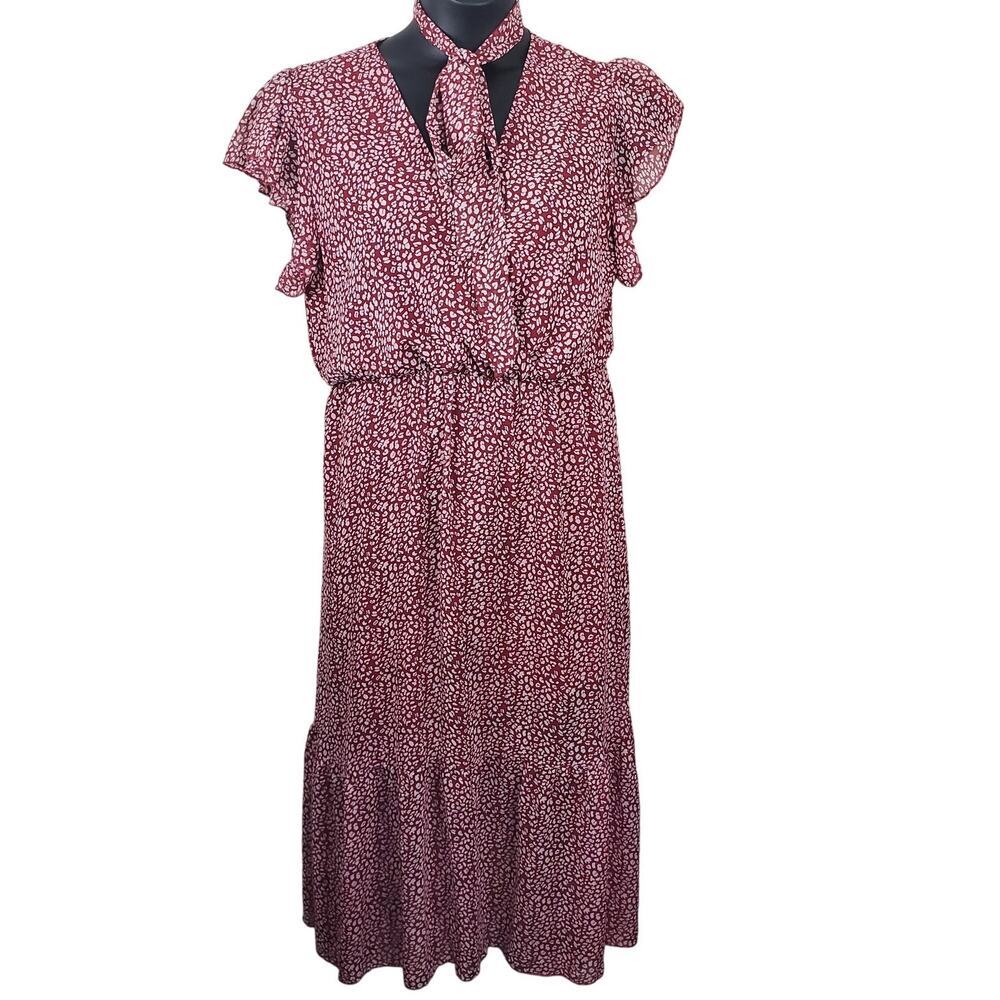 CHIC STYLE | Ruffled Tie Neck Floral | Dark Red/White | Maxi Dress | Size Large